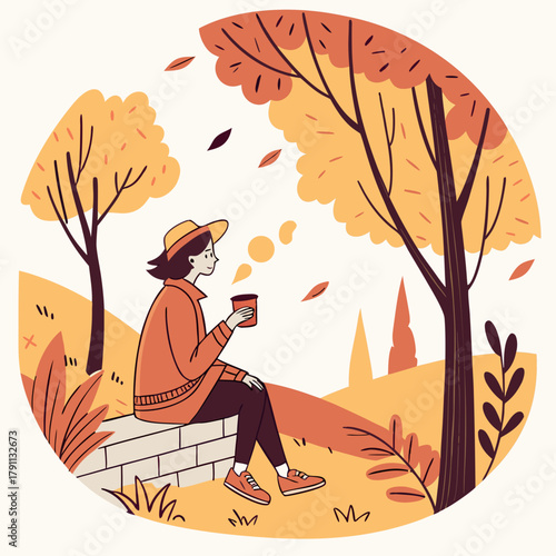Flat Vector Autumn Illustration of Woman Sitting on Park Bench with Coffee Autumn park bench illustration shows falling leaves and cozy seasonal design with woman sitting outdoors and holding coffee