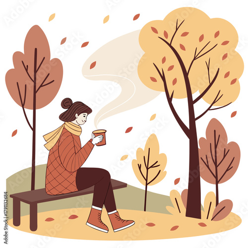 Flat Vector Autumn Illustration of Woman Sitting on Park Bench with Coffee Autumn park bench illustration shows falling leaves and cozy seasonal design with woman sitting outdoors and holding coffee