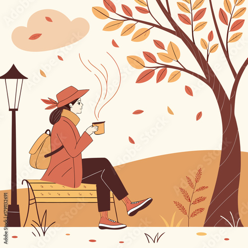 Flat Vector Autumn Illustration of Woman Sitting on Park Bench with Coffee Autumn park bench illustration shows falling leaves and cozy seasonal design with woman sitting outdoors and holding coffee
