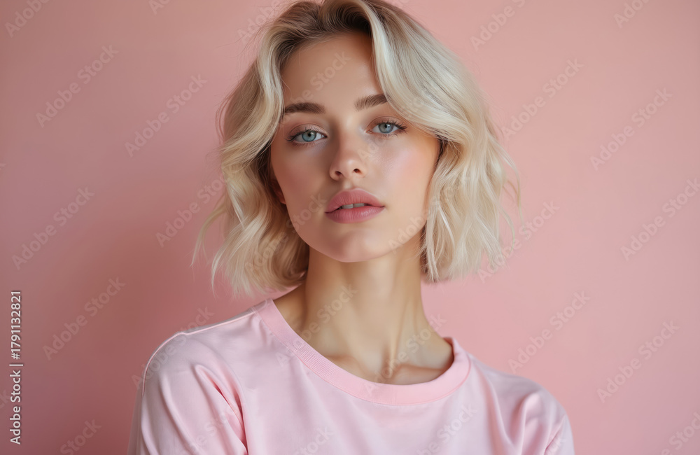 Fototapeta premium Blonde woman with blue eyes wears pink shirt, posing against pastel pink backdrop. Short wavy hair frames smooth face with natural makeup. Looks directly at viewer with gentle expression, perfect