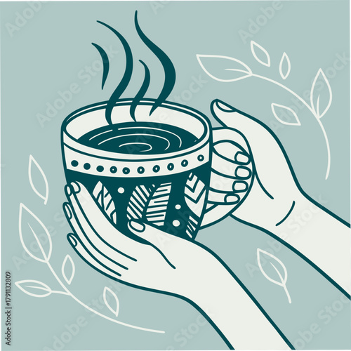 Vector illustration of hands holding a coffee mug symbol of comfort, warmth, and mindful moments