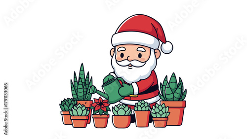 Kawaii Chibi Santa Claus Mascot Watering Succulent Plants and Poinsettia Vector Illustration