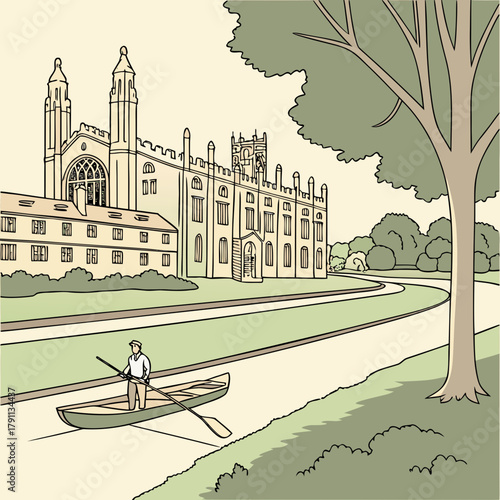 A serene flat design landscape illustrating an iconic English university city, featuring historic college buildings, a punt on the river, and tree-lined paths.