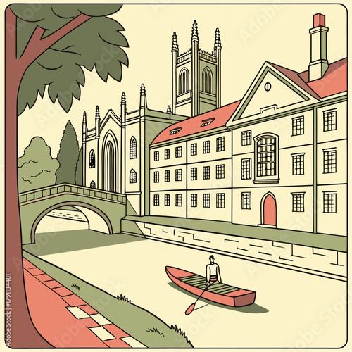 A serene flat design landscape illustrating an iconic English university city, featuring historic college buildings, a punt on the river, and tree-lined paths.