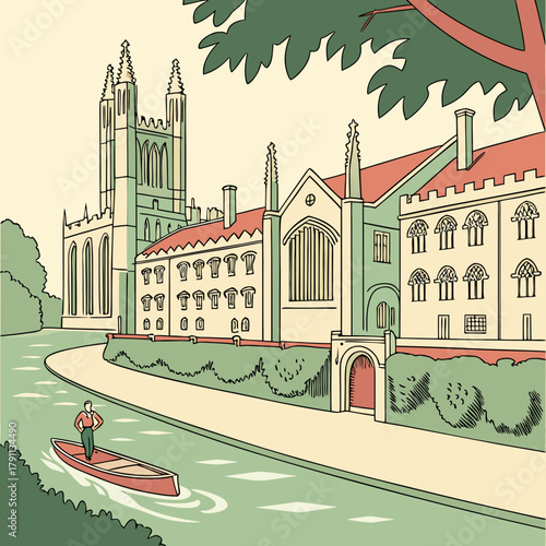 A serene flat design landscape illustrating an iconic English university city, featuring historic college buildings, a punt on the river, and tree-lined paths.