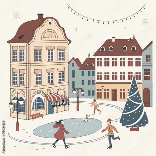 Charming winter ice skating rink scene with people enjoying the holidays in a snowy european town square