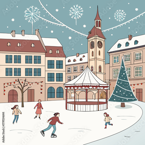 Charming winter ice skating rink scene with people enjoying the holidays in a snowy european town square
