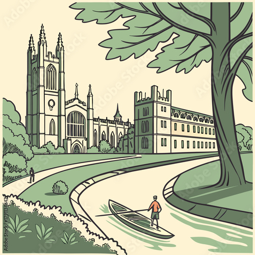 A serene flat design landscape illustrating an iconic English university city, featuring historic college buildings, a punt on the river, and tree-lined paths.