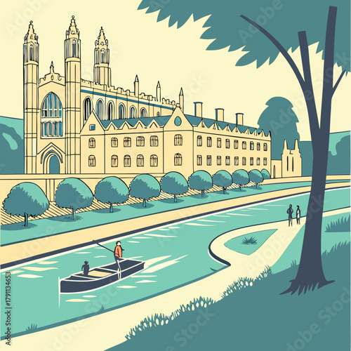 A serene flat design landscape illustrating an iconic English university city, featuring historic college buildings, a punt on the river, and tree-lined paths.