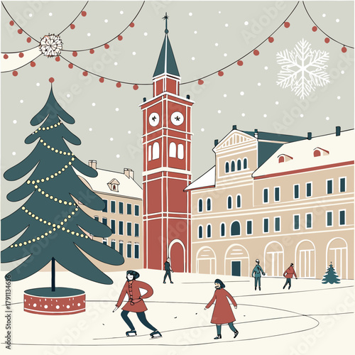 Charming winter ice skating rink scene with people enjoying the holidays in a snowy european town square