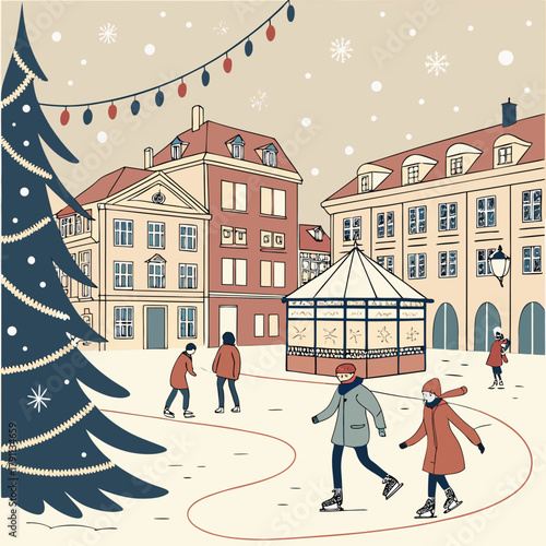 Charming winter ice skating rink scene with people enjoying the holidays in a snowy european town square