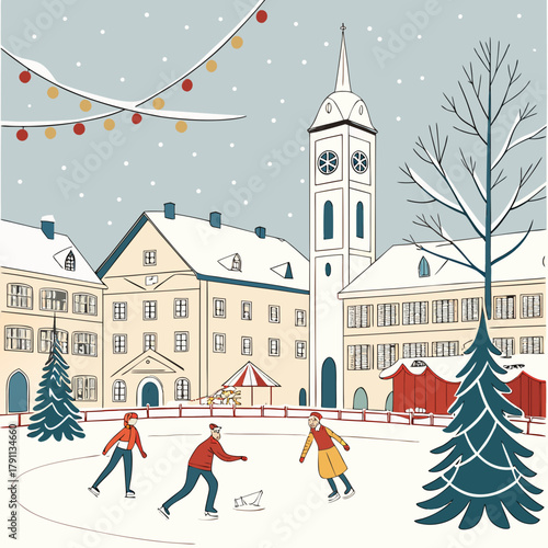 Charming winter ice skating rink scene with people enjoying the holidays in a snowy european town square