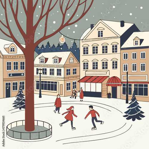 Charming winter ice skating rink scene with people enjoying the holidays in a snowy european town square