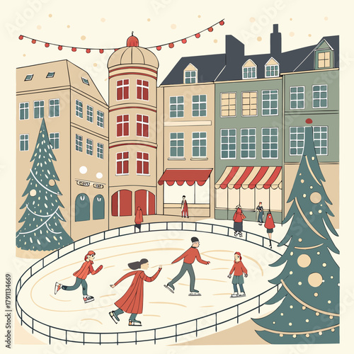 Charming winter ice skating rink scene with people enjoying the holidays in a snowy european town square