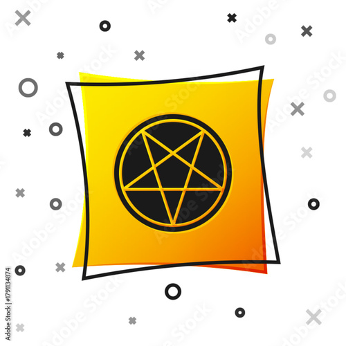 Black Pentagram in a circle icon isolated on white background. Magic occult star symbol. Yellow square button. Vector Illustration