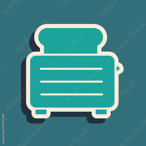 Green Toaster with toasts icon isolated on green background. Long shadow style. Vector Illustration