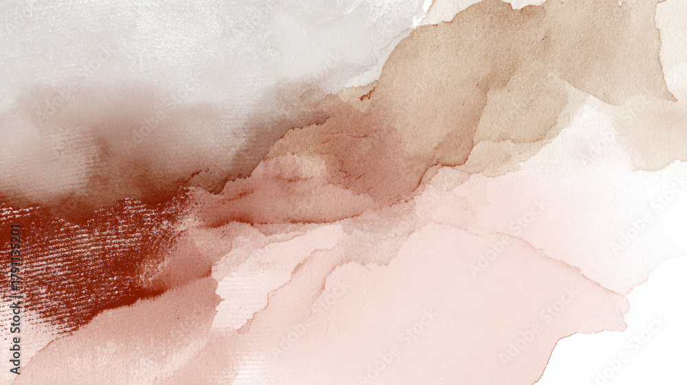Fototapeta premium Abstract watercolor painting revealing organic washes of warm brown, beige, and pink blending across a textured paper background, creating a soft earthy aesthetic