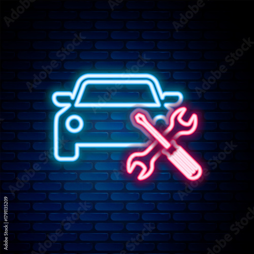 Glowing neon line Car with screwdriver and wrench icon isolated on brick wall background. Adjusting, service, setting, maintenance, repair, fixing. Colorful outline concept. Vector