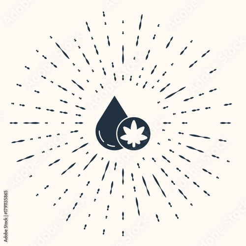 Grey Medical marijuana or cannabis leaf olive oil drop icon isolated on beige background. Cannabis extract. Hemp symbol. Abstract circle random dots. Vector Illustration