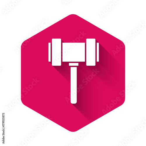 White Judge gavel icon isolated with long shadow. Gavel for adjudication of sentences and bills, court, justice. Auction hammer. Pink hexagon button. Vector.