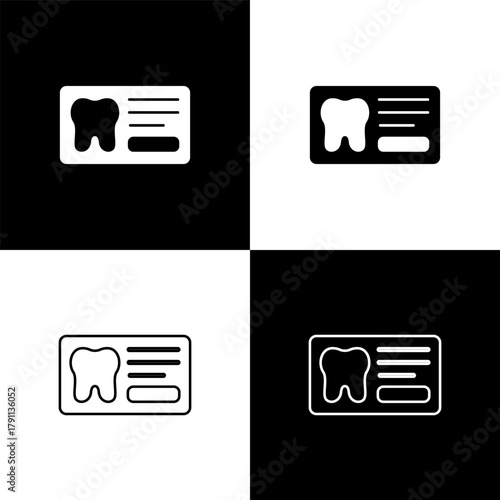 Set Clipboard with dental card or patient medical records icon isolated on black and white background. Dental insurance. Dental clinic report. Vector