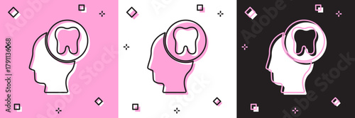Set Human head with tooth icon isolated on pink and white, black background. Tooth symbol for dentistry clinic or dentist medical center and toothpaste package. Vector