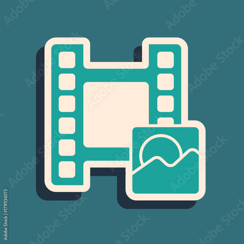 Green Play Video icon isolated on green background. Film strip sign. Long shadow style. Vector