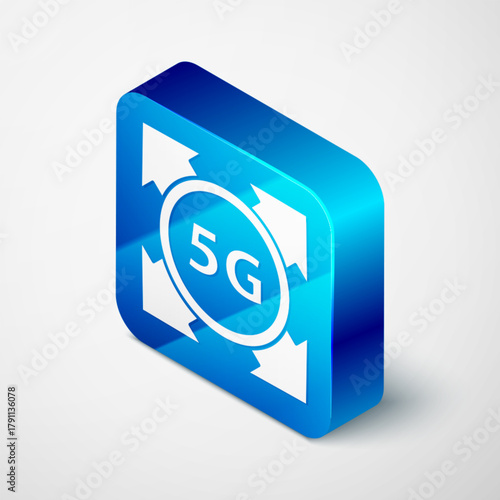 Isometric 5G new wireless internet wifi connection icon isolated on grey background. Global network high speed connection data rate technology. Blue square button. Vector