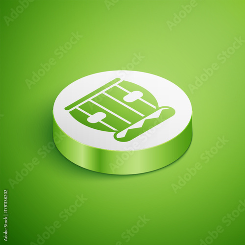 Isometric Indian musical instrument tabla icon isolated on green background. White circle button. Vector