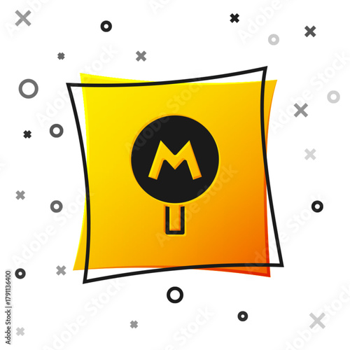 Black Metro or Underground or Subway icon isolated on white background. Yellow square button. Vector