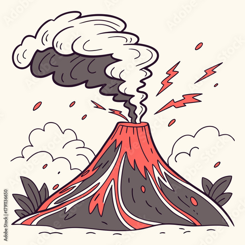 Erupting Volcano. Volcano eruption, smoke, ash, lava, magma splash. Abstract cartoon trendy style. Hand drawn modern Vector illustration. Isolated design element. Seismic activity, geology concept