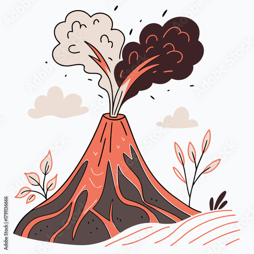 Erupting Volcano. Volcano eruption, smoke, ash, lava, magma splash. Abstract cartoon trendy style. Hand drawn modern Vector illustration. Isolated design element. Seismic activity, geology concept