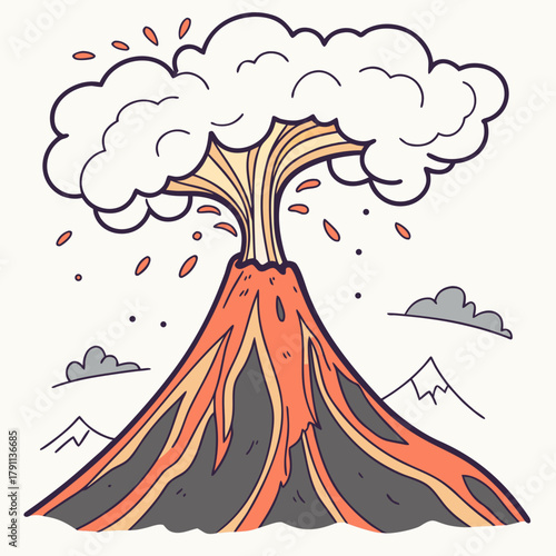 Erupting Volcano. Volcano eruption, smoke, ash, lava, magma splash. Abstract cartoon trendy style. Hand drawn modern Vector illustration. Isolated design element. Seismic activity, geology concept
