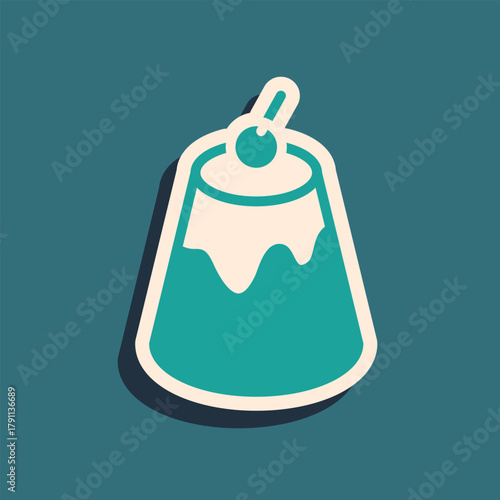 Green Pudding custard with caramel glaze icon isolated on green background. Long shadow style. Vector