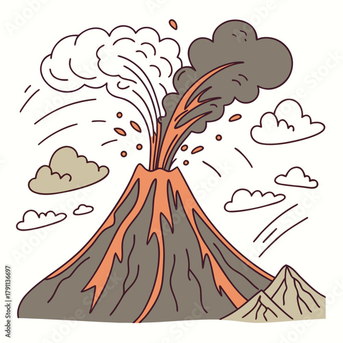 Erupting Volcano. Volcano eruption, smoke, ash, lava, magma splash. Abstract cartoon trendy style. Hand drawn modern Vector illustration. Isolated design element. Seismic activity, geology concept