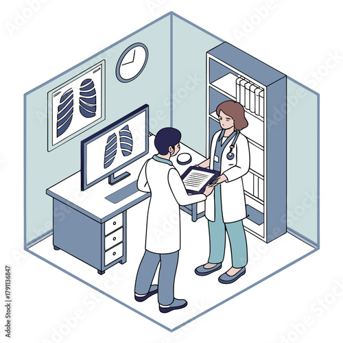 Two doctors engage in a consultation, analyzing an x-ray on a screen, The setting is a clinical office, emphasizing teamwork in patient care and medical diagnostics.