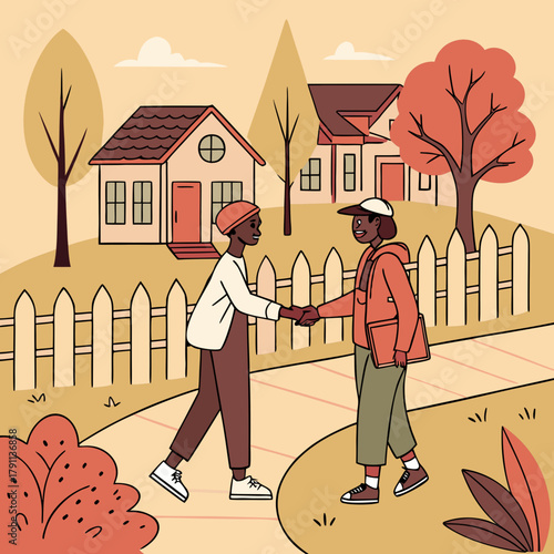 Neighbors greeting handshake friendly community two people meeting outside suburban houses picket fence plants autumn landscape residential neighborhood