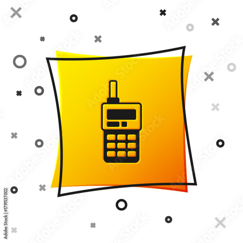 Black Walkie talkie icon isolated on white background. Portable radio transmitter icon. Radio transceiver sign. Yellow square button. Vector