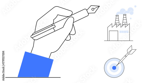 Hand holding pen symbolizing creativity, factory emitting smoke reflecting production, arrow hitting target epitomizing precision. Ideal for innovation, business, success, industry, planning, design