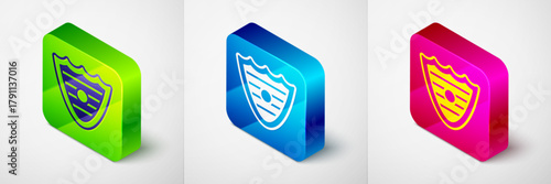 Isometric Shield icon isolated on grey background. Guard sign. Security, safety, protection, privacy concept. Square button. Vector