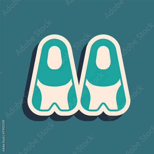 Green Rubber flippers for swimming icon isolated on green background. Diving equipment. Extreme sport. Diving underwater equipment. Long shadow style. Vector