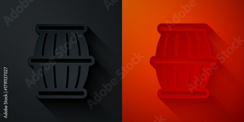 Paper cut Gun powder barrel icon isolated on black and red background. TNT dynamite wooden old barrel. Paper art style. Vector