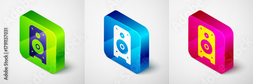 Isometric Stereo speaker icon isolated on grey background. Sound system speakers. Music icon. Musical column speaker bass equipment. Square button. Vector