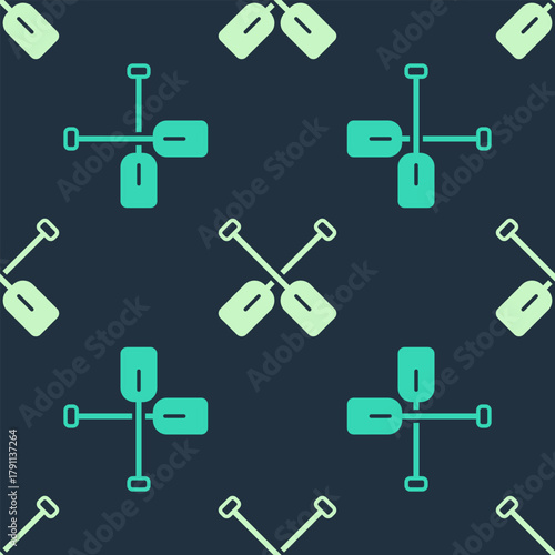 Green and beige Paddle icon isolated seamless pattern on blue background. Paddle boat oars. Vector
