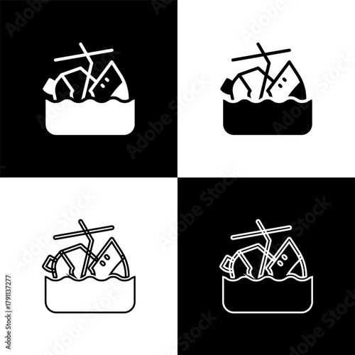 Set Sinking cruise ship icon isolated on black and white background. Travel tourism nautical transport. Voyage passenger ship, cruise liner. Vector
