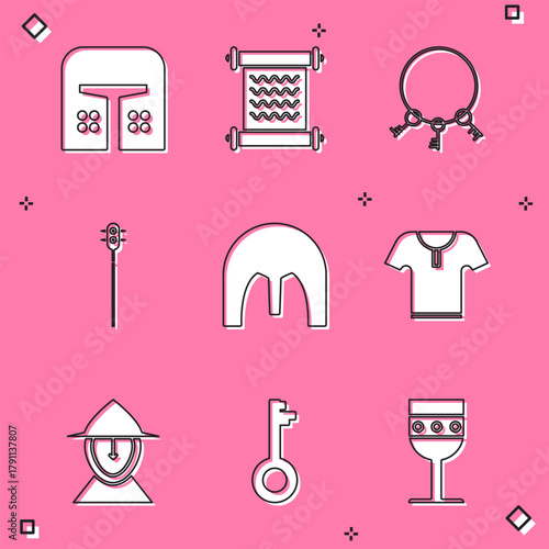 Set Medieval iron helmet, Decree, parchment, scroll, Old keys, chained mace ball, Body armor, and icon. Vector