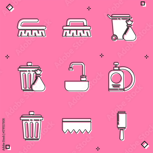 Set Brush for cleaning, Trash can and garbage bag, Washbasin with water tap, Dishwashing liquid bottle plate, and Sponge bubbles icon. Vector