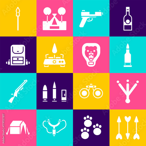 Set Hipster arrows, Bird footprint, Bullet, Pistol or gun, Camping gas stove, Hiking backpack, Medieval spear and Bear head on shield icon. Vector