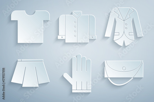 Set Leather glove, Blazer or jacket, Skirt, Clutch bag, T-shirt and icon. Vector
