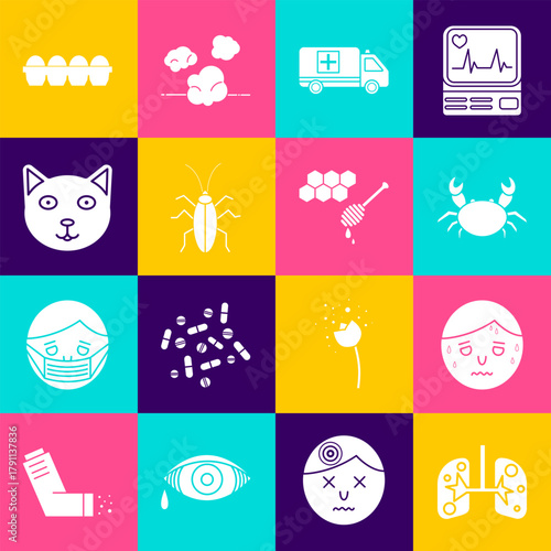 Set Lungs, Man with excessive sweating, Crab, Emergency car, Cockroach, Pet, Chicken egg box and Honeycomb honey dipper icon. Vector